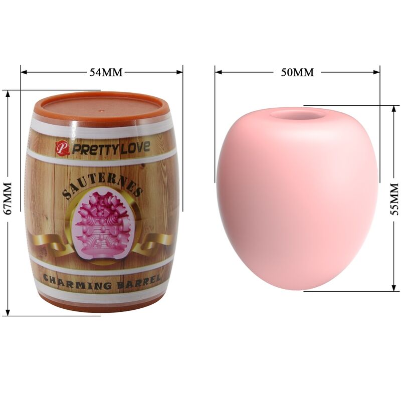 Schema du masturbateur oeuf rose avec cotes 54 et 50 mm de large, 67 et 55 mm de haut, etui tonneau Sauternes et gaine TPR extensible.