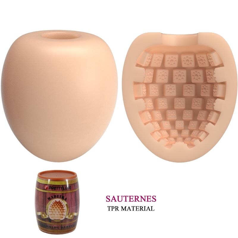 Masturbateur oeuf chair presente ferme et en coupe montrant la texture interne en relief carre, gaine extensible en TPR teinte chair.