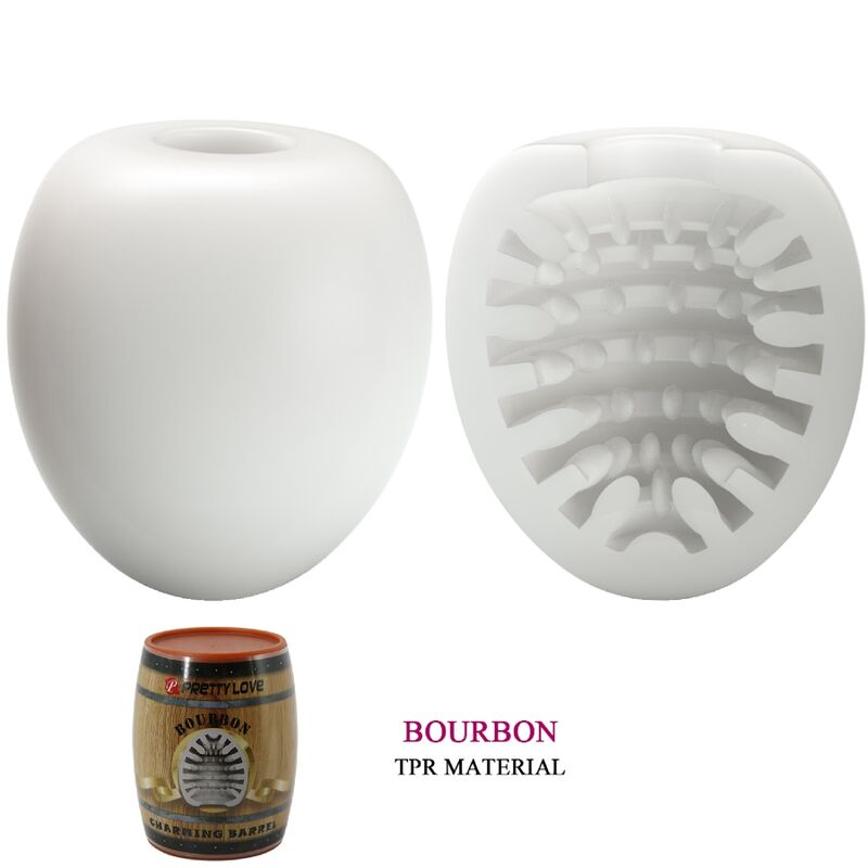Masturbateur oeuf blanc presente ferme et en coupe revelant la texture interne nervuree en TPR, etui tonneau Bourbon pour le rangement.