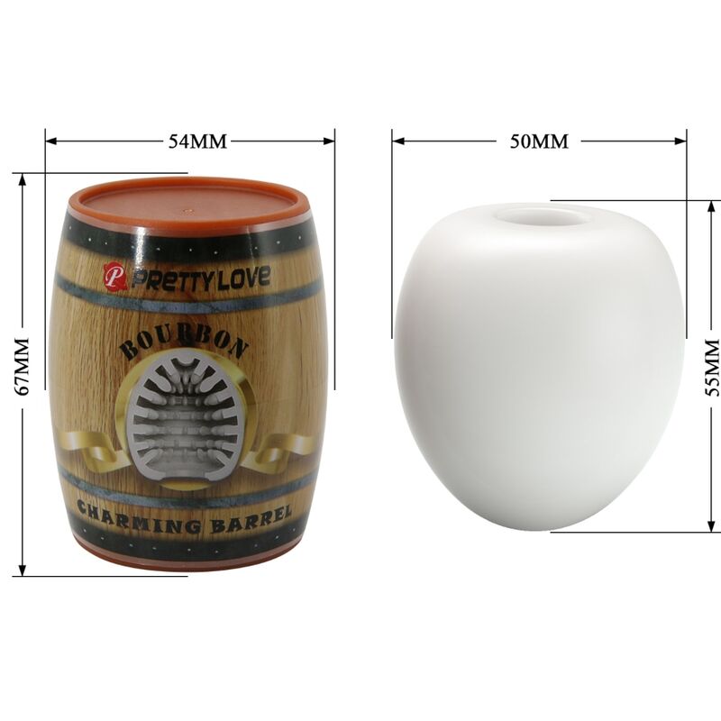 Schema du masturbateur oeuf blanc avec cotes 54 mm de large et 67 mm de haut, etui tonneau Bourbon et gaine TPR souple extensible.