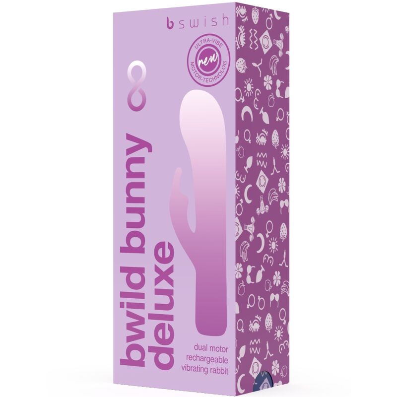 Boîte Bwild Bunny Deluxe lavande illustrée du rabbit, mention dual motor rechargeable vibrating rabbit. Packaging fermé aux motifs symboliques, symbole infini visible.
