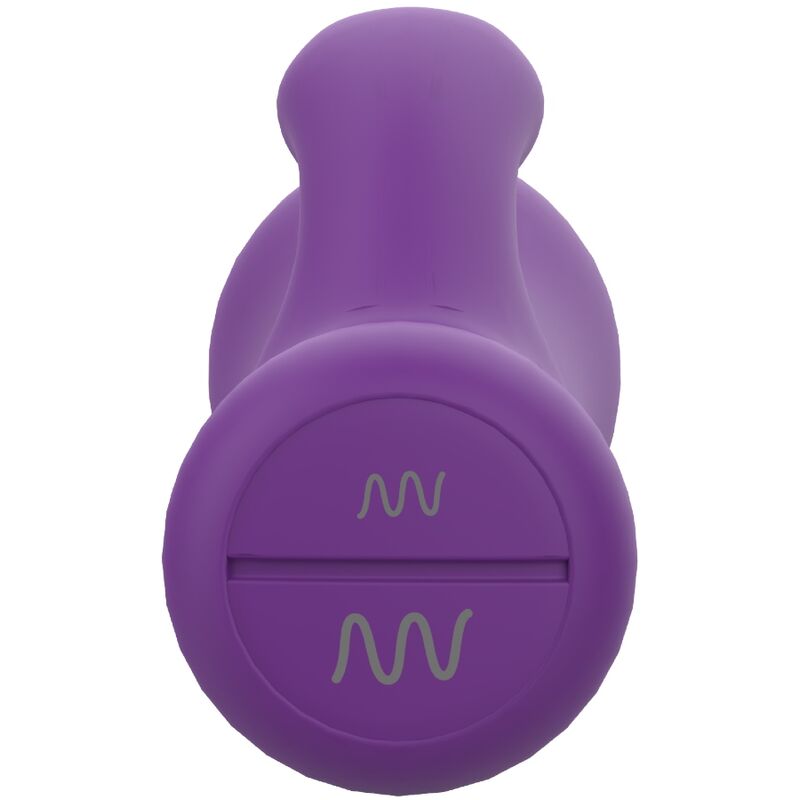 Gros plan sur la base lilas du rabbit : deux boutons gravés de pictogrammes d'ondes de vibration. Vue rapprochée du manche bulbeux en silicone, surface satinée mauve.