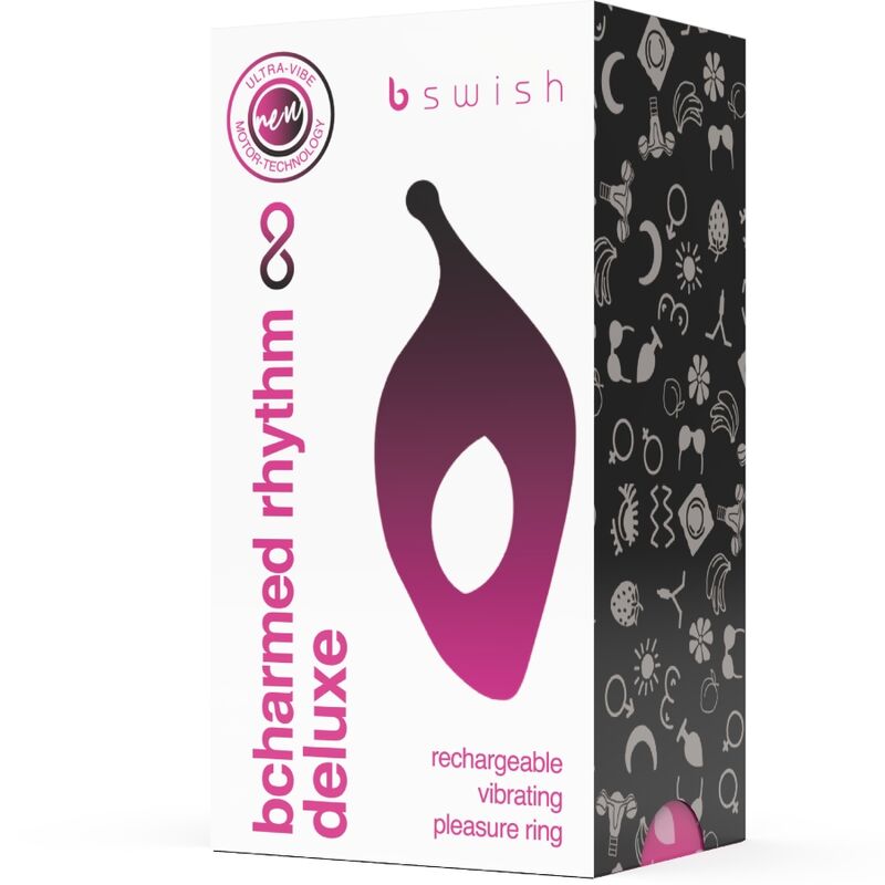 Boîte Bcharmed Rhythm Deluxe noire et magenta illustrée de l'anneau, mention rechargeable vibrating pleasure ring. Packaging élégant à motifs symboliques, fond sombre.