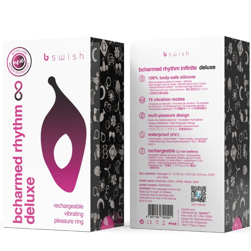 Plusieurs faces de la boîte Bcharmed Rhythm Infinite Deluxe noire : pictogrammes silicone, 15 modes, waterproof. Packaging haut de gamme à motifs, codes-barres, sans produit.
