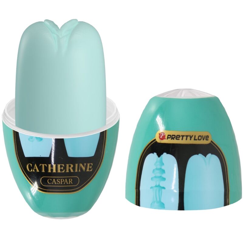 Masturbateur Catherine Caspar vert avec étui translucide et coque Pretty Love, gaine TPR à entrée en pétales, format compact et discret pour le plaisir solo.