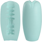 Masturbateur Catherine Caspar vert pastel de face et en coupe, gaine TPR à entrée en pétales et tunnel interne à reliefs nervurés stimulants pour homme.