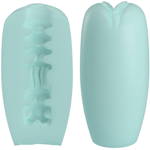 Masturbateur Catherine Caspar vert pastel de face et en coupe, gaine TPR à entrée en pétales et tunnel interne à reliefs nervurés stimulants pour homme.