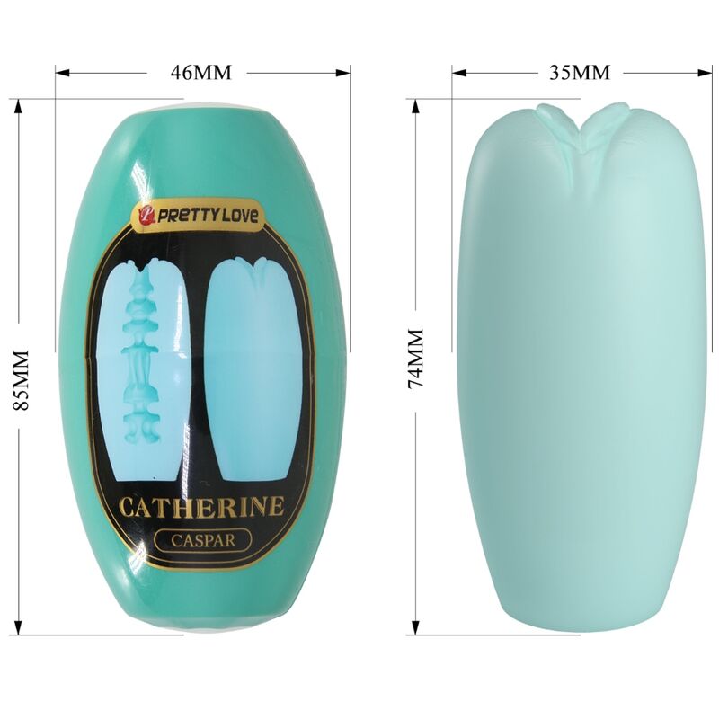 Boite Catherine Caspar verte et schéma coté du masturbateur, hauteur 85 mm et largeur 46 mm, insert de 74 et 35 mm à entrée en pétales en TPR souple discret.
