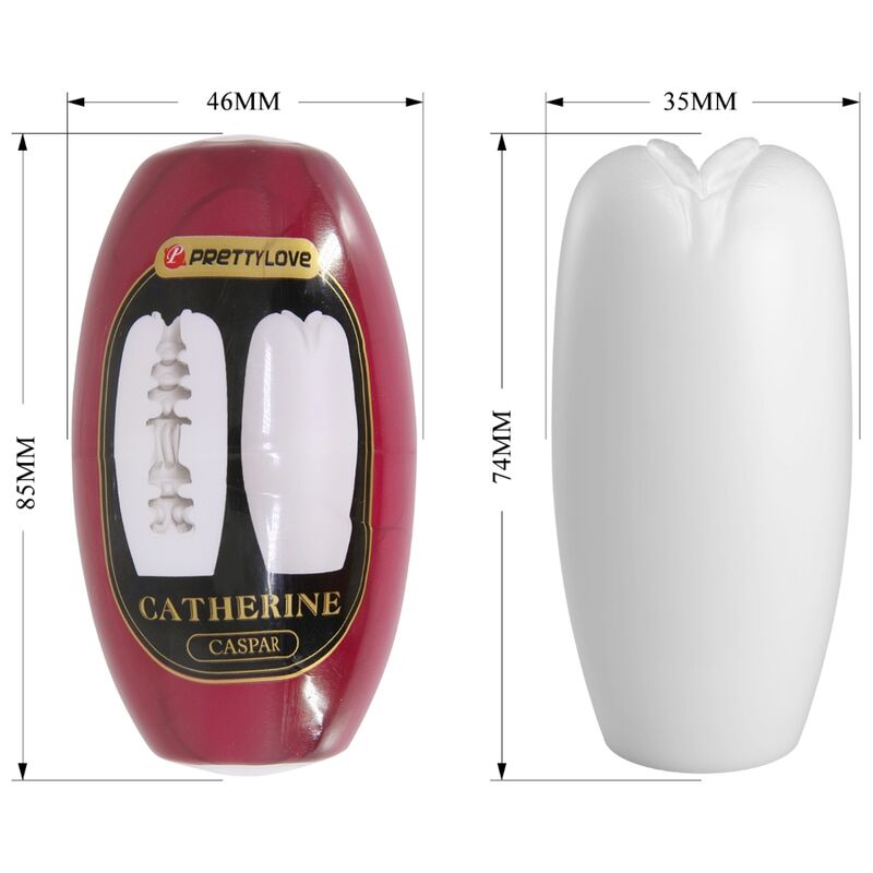 Boite Catherine Caspar rouge et schéma coté du masturbateur blanc, hauteur 85 mm et largeur 46 mm, insert de 74 et 35 mm à entrée en pétales en TPR souple.