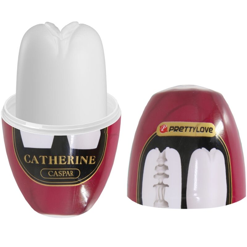 Masturbateur Catherine Caspar avec étui translucide et coque rouge Pretty Love, gaine TPR blanche à entrée en pétales, format compact et discret pour homme.