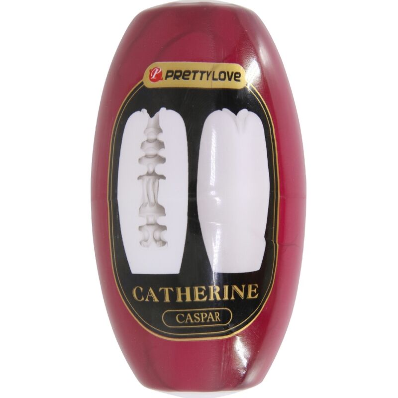 Boite Catherine Caspar rouge Pretty Love, packaging illustrant la double gaine TPR texturée à entrée en pétales du masturbateur compact et discret pour homme.