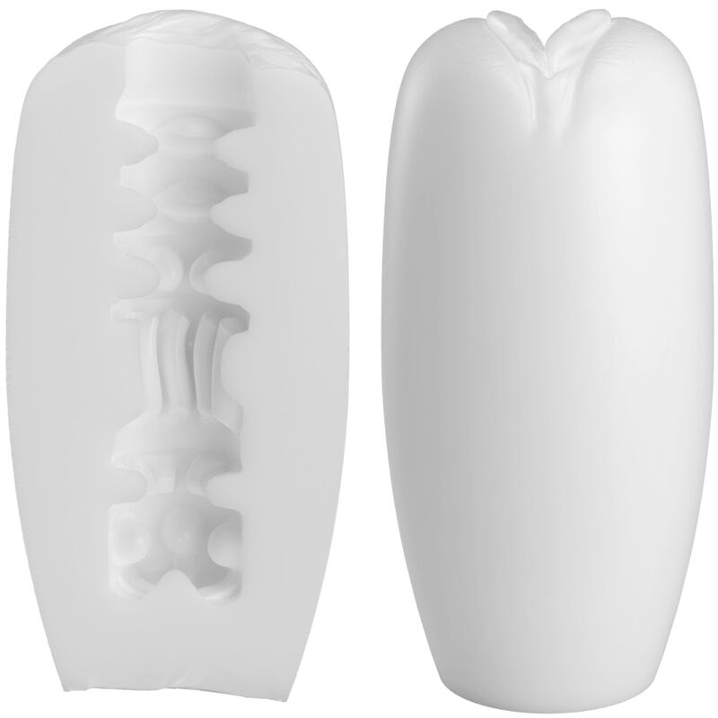 Masturbateur Catherine Caspar blanc de face et en coupe, gaine TPR à entrée en pétales et tunnel interne à reliefs nervurés stimulants, matière souple bodysafe.