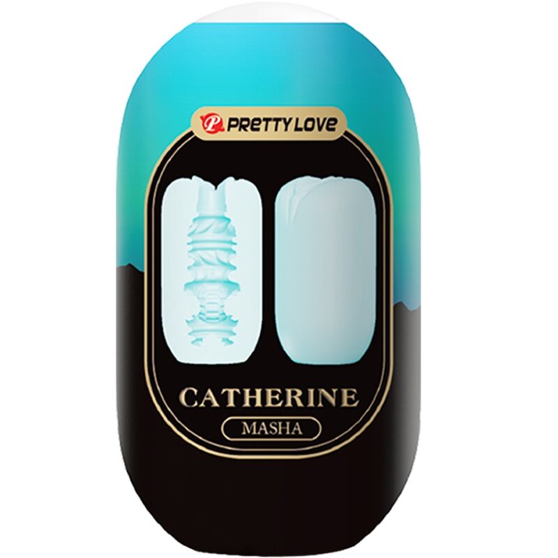 Emballage Catherine Masha Pretty Love sur fond bleu degrade, illustrant deux textures internes de l'oeuf masturbateur extensible en TPR souple pour homme, format discret