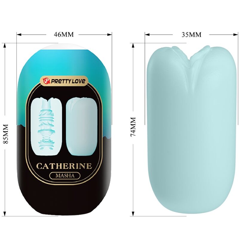 Boite Catherine Masha Pretty Love et oeuf masturbateur bleute avec cotes 46 et 35 mm, hauteurs 85 et 74 mm, format compact extensible en TPR pour homme nomade