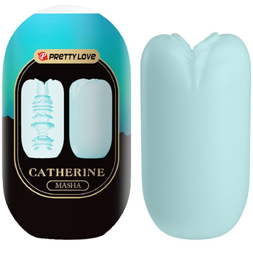 Masturbateur oeuf Catherine Masha bleu pastel avec boite Pretty Love, gaine TPR à entrée en pétales et coque souple, format compact et discret pour homme.