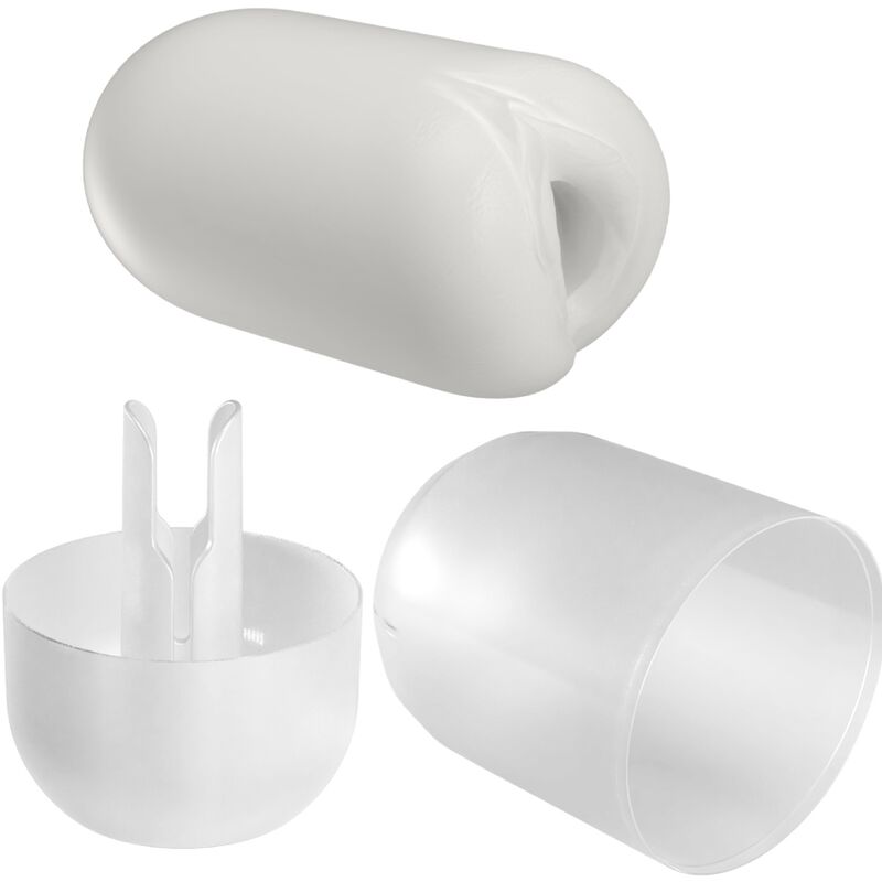 Masturbateur oeuf Pretty Love blanc en angle avec son orifice souple, presente avec le support a ergots et le capuchon transparent, gaine extensible compacte en TPR