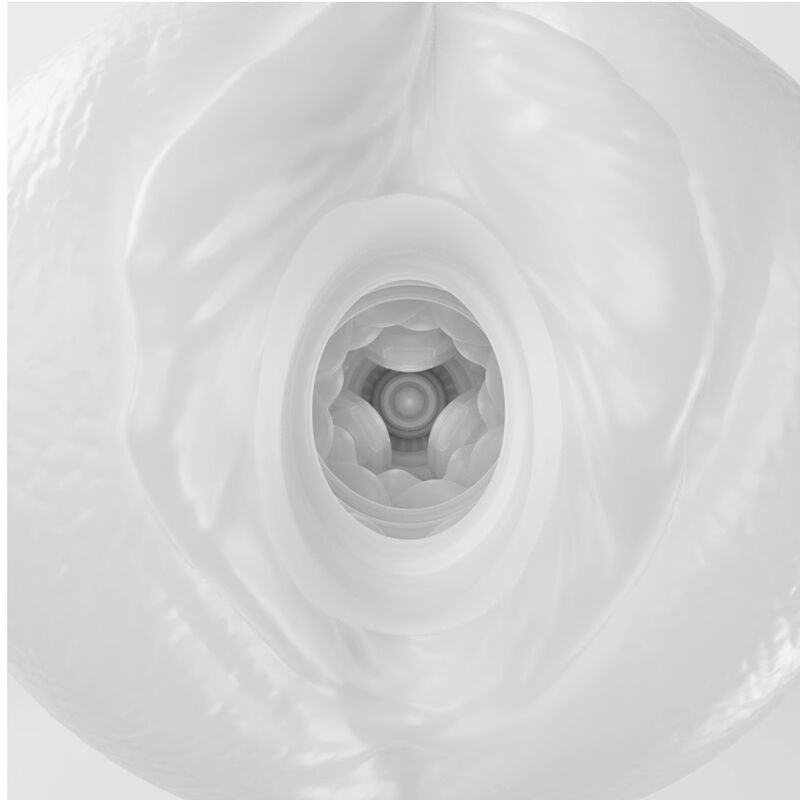 Vue macro de l'interieur blanc du masturbateur oeuf Pretty Love, tunnel central texture aux reliefs stimulants en TPR souple, gros plan sur la matiere extensible discrete