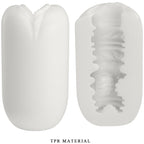 Masturbateur masculin Pretty Love blanc de face et en coupe longitudinale, revelant l'ouverture en tulipe et le tunnel interne profondement nervure en TPR, mention TPR material