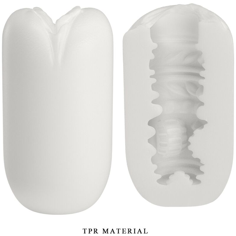 Masturbateur masculin Pretty Love blanc de face et en coupe longitudinale, revelant l'ouverture en tulipe et le tunnel interne profondement nervure en TPR, mention TPR material