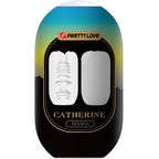 Emballage Catherine Masha Pretty Love montrant deux variantes de texture interne de l'oeuf masturbateur blanc extensible en TPR, format nomade et discret pour homme