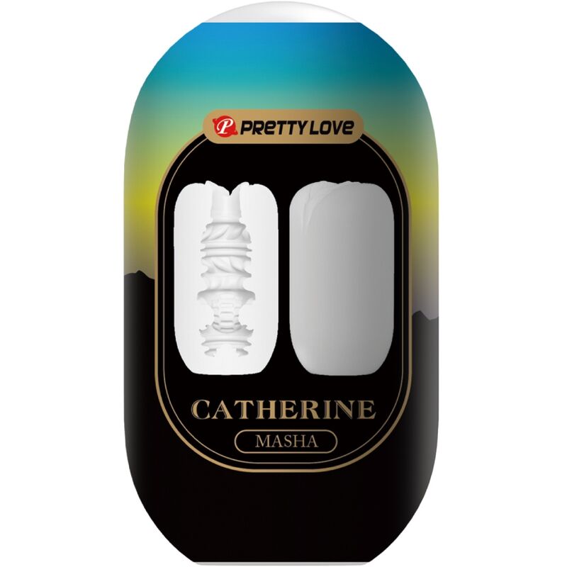 Emballage Catherine Masha Pretty Love montrant deux variantes de texture interne de l'oeuf masturbateur blanc extensible en TPR, format nomade et discret pour homme