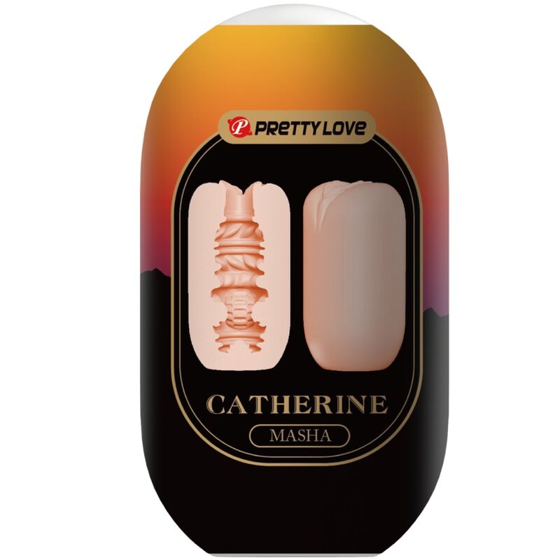 Emballage Pretty Love Catherine Masha presentant le masturbateur, blister noir et dore avec apercu de la gaine texturee extensible en TPR.