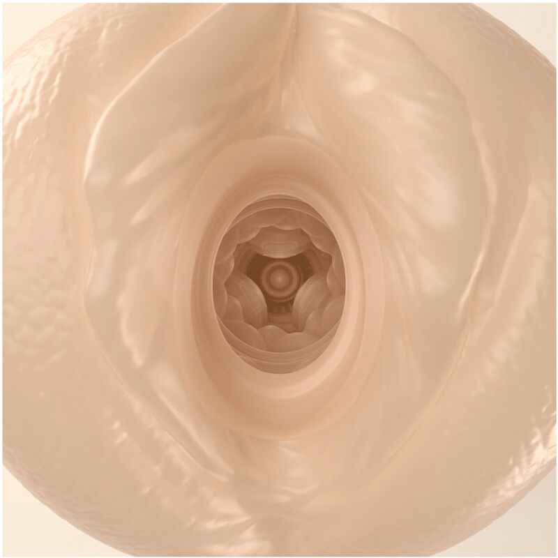 Gros plan sur l'entree du masturbateur Masha montrant le tunnel interne texture en relief, gaine souple en TPR pour une stimulation enveloppante.