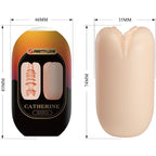 Schema du masturbateur Masha avec cotes 46, 35 et 74 mm, emballage Catherine et gaine extensible en TPR a texture interne stimulante.