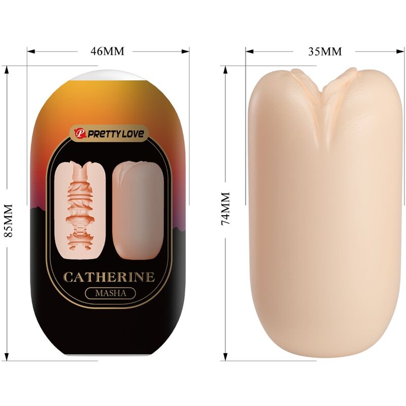 Schema du masturbateur Masha avec cotes 46, 35 et 74 mm, emballage Catherine et gaine extensible en TPR a texture interne stimulante.