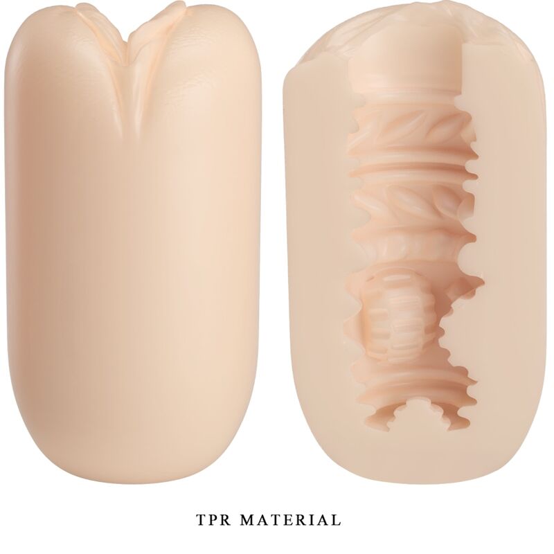 Masturbateur Catherine vu de face et en coupe, gaine extensible en TPR a tunnel interne nervure, matiere souple pour des sensations intenses.