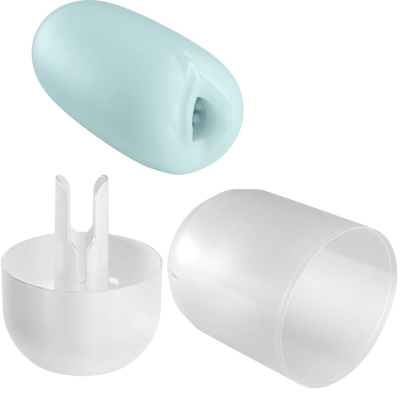 Masturbateur Catherine Olga bleu démonté, embout de protection blanc à ergots et capsule translucide refermable, format compact et discret en TPR souple.