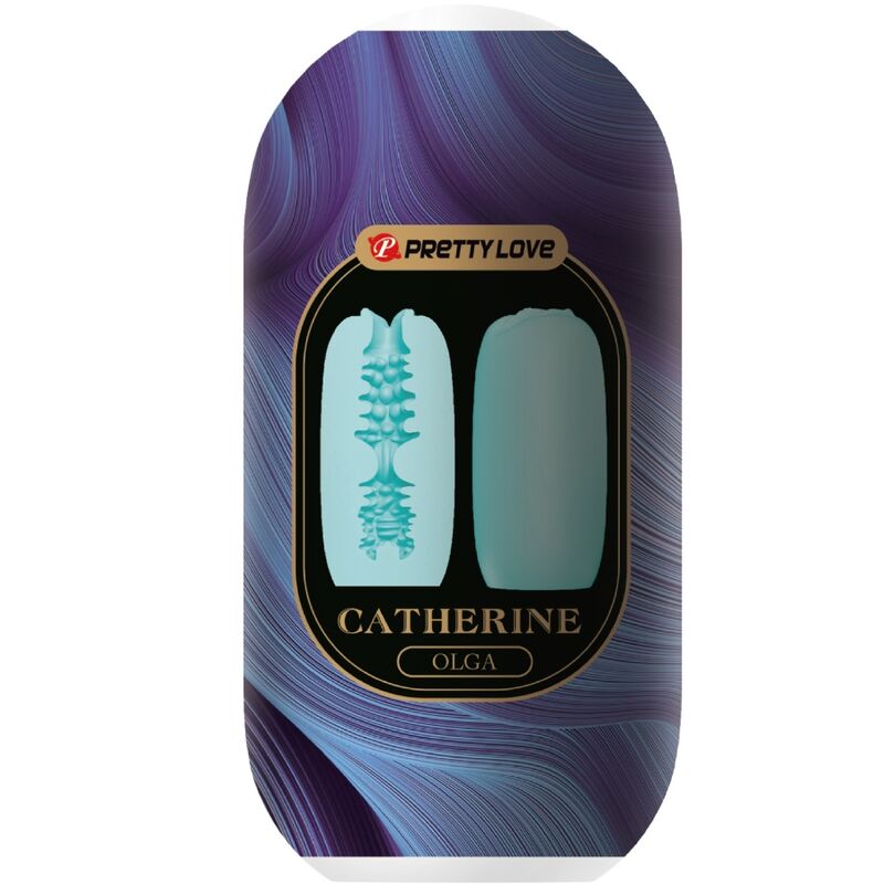 Boite Catherine Olga Pretty Love violette, packaging illustrant la gaine bleue texturée et l'entrée en pétales du masturbateur compact en TPR souple.
