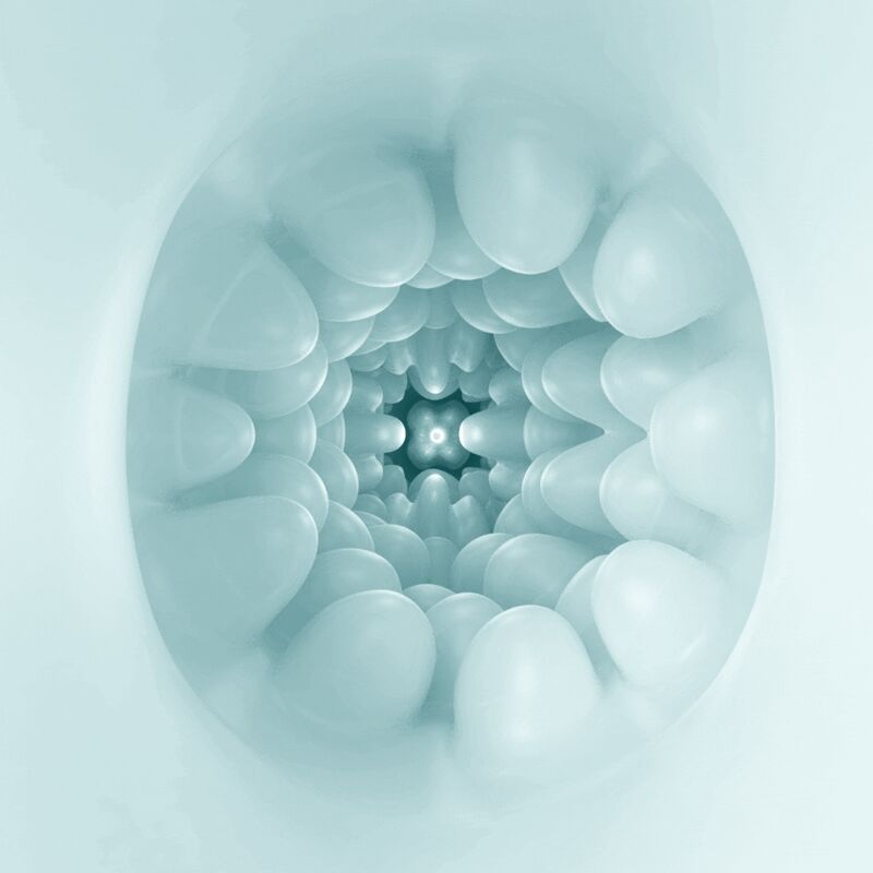 Vue intérieure du masturbateur Catherine Olga bleu, tunnel TPR aux nodules souples en couronne autour d'un centre étoilé, texture stimulante non réaliste.