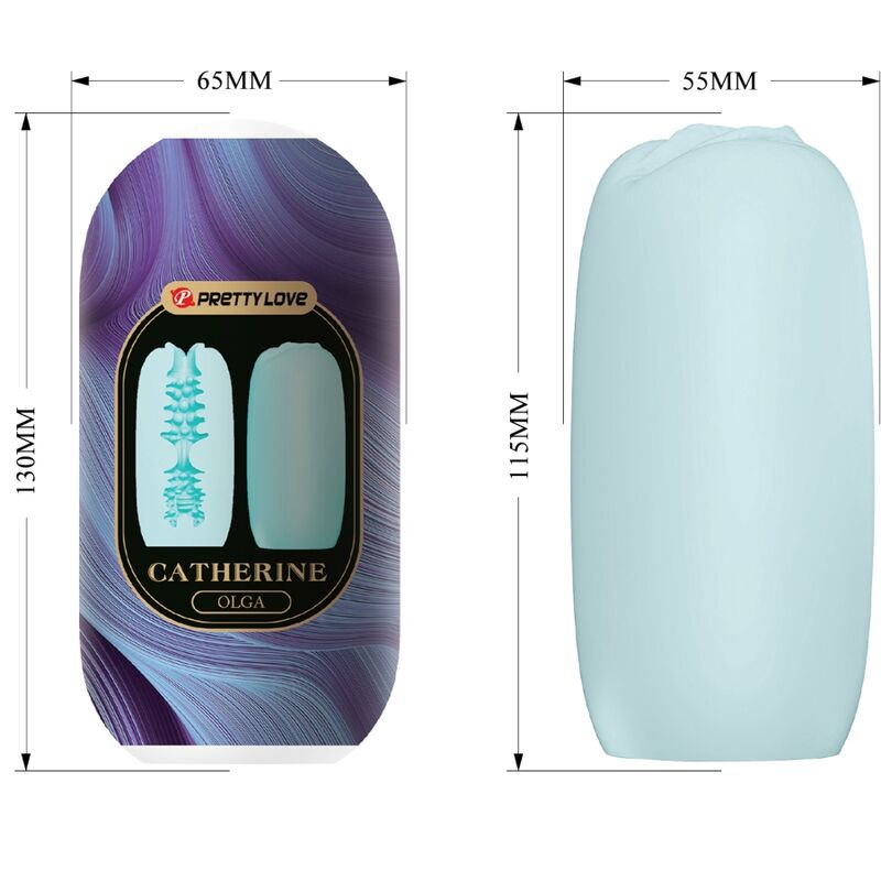 Boite Catherine Olga bleue et schéma coté du masturbateur, hauteur 130 mm et insert de 115 mm à entrée en pétales en TPR souple, format nomade et discret.