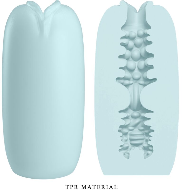 Masturbateur Catherine Olga bleu de face et en coupe, gaine TPR à entrée florale et tunnel interne à nodules stimulants, matière souple bodysafe extensible.