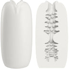 Masturbateur Catherine Olga blanc de face et en coupe, gaine TPR à entrée florale et tunnel interne à nodules ondulés stimulants en matière souple bodysafe.