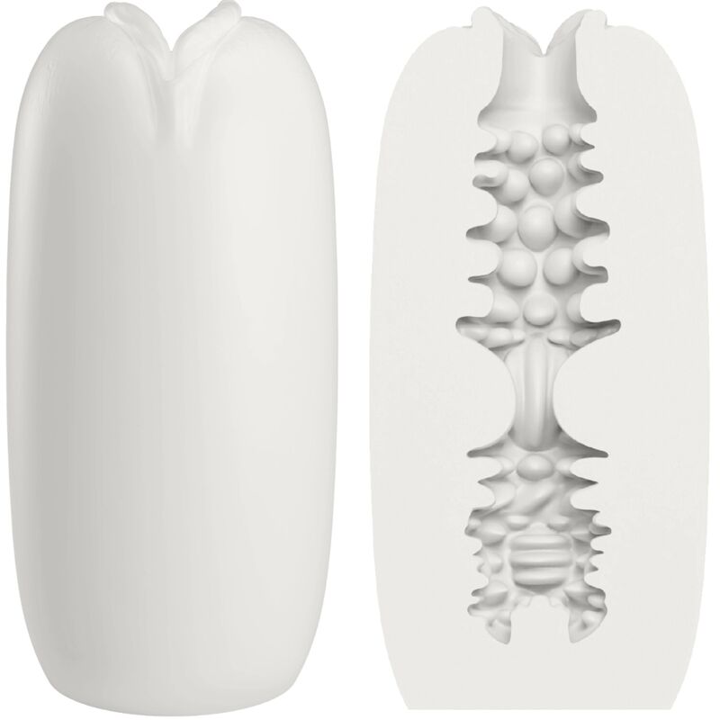 Masturbateur Catherine Olga blanc de face et en coupe, gaine TPR à entrée florale et tunnel interne à nodules ondulés stimulants en matière souple bodysafe.