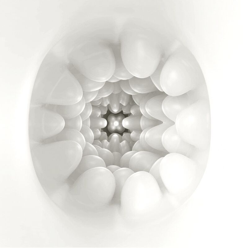 Vue intérieure du masturbateur Catherine Olga blanc, tunnel TPR aux nodules souples en couronne autour d'un coeur étoilé, texture stimulante non réaliste.