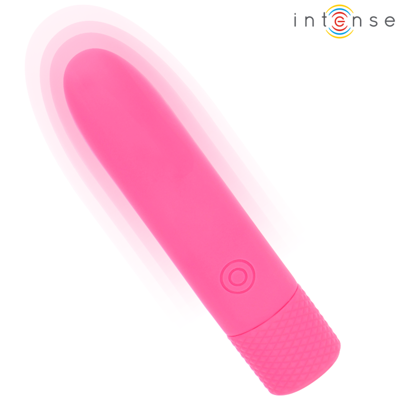 Mini bullet rose Intense en silicone doux avec halo de mouvement evoquant la vibration intense, embase striee antiderapante, format nomade pour le clitoris.
