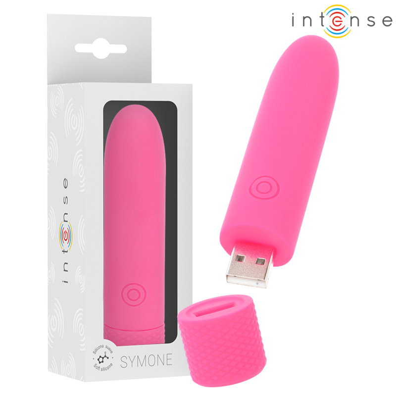 Mini vibromasseur bullet Symone rose en silicone pres de sa boite Intense, embout USB integre devoile, stimulateur clitoridien compact et rechargeable.