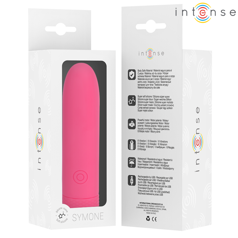 Boite Intense du mini bullet Symone rose presentee recto verso, fenetre sur le vibromasseur et fiche technique, packaging neutre sans element anatomique.