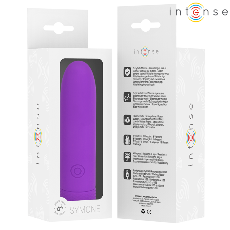 Boite Intense du mini bullet Symone montree de face et de dos, fenetre transparente sur le vibromasseur violet et notice technique, packaging sans visuel anatomique.