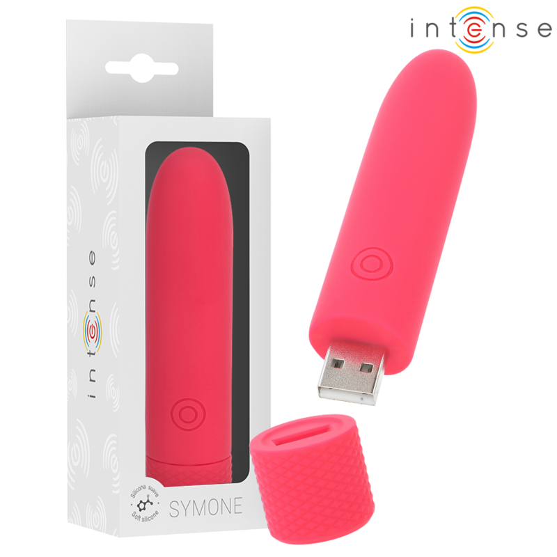 Mini vibromasseur Symone Intense rouge avec sa boite blanche, capuchon USB retire montrant la prise integree, bullet clitoridien en silicone rechargeable