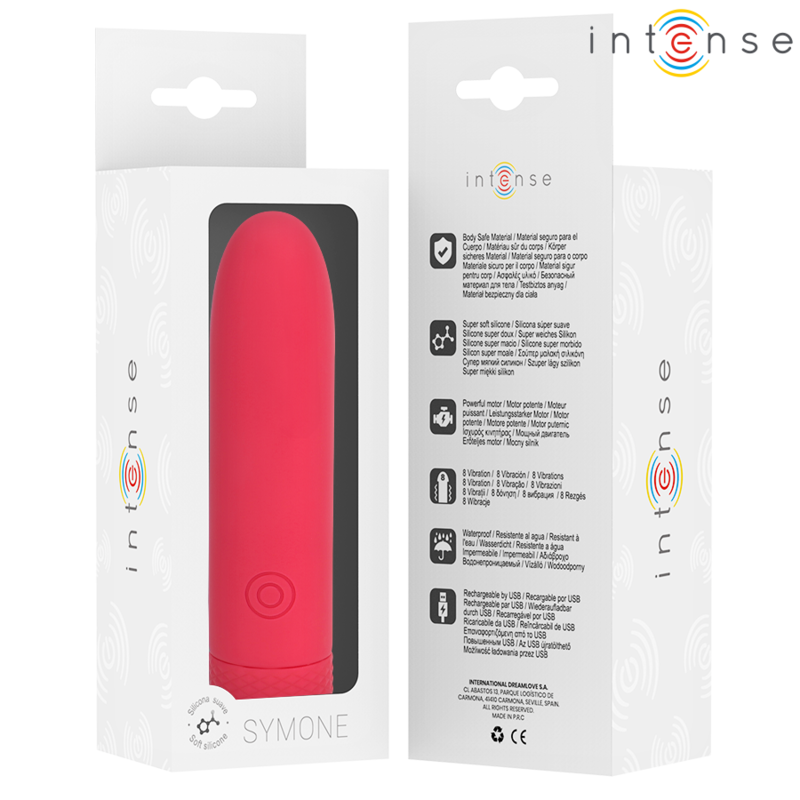 Emballage recto verso du bullet Symone Intense, boite blanche detaillant pictogrammes et notice du mini vibromasseur clitoridien en silicone rouge