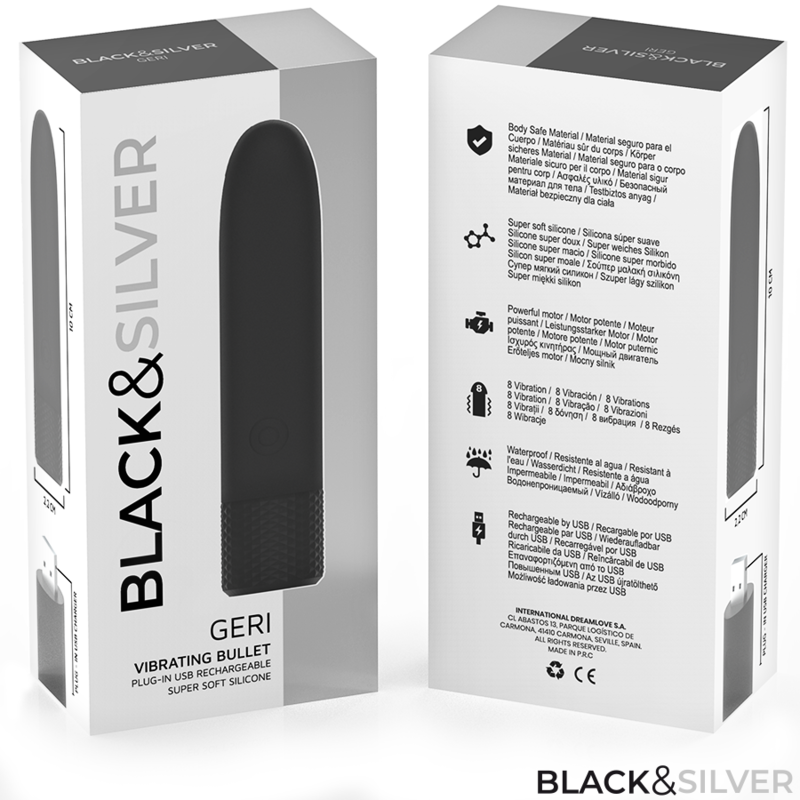 Emballage Black&Silver Geri vibrating bullet vu recto et verso, descriptif technique du silicone super doux et de la recharge USB, sans visuel anatomique