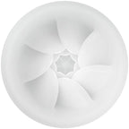 Vue de dessus de l'entrée du masturbateur Fantasy Ball blanc, tunnel TPR en spirale à reliefs souples et ouverture étoilée centrale, matière bodysafe.