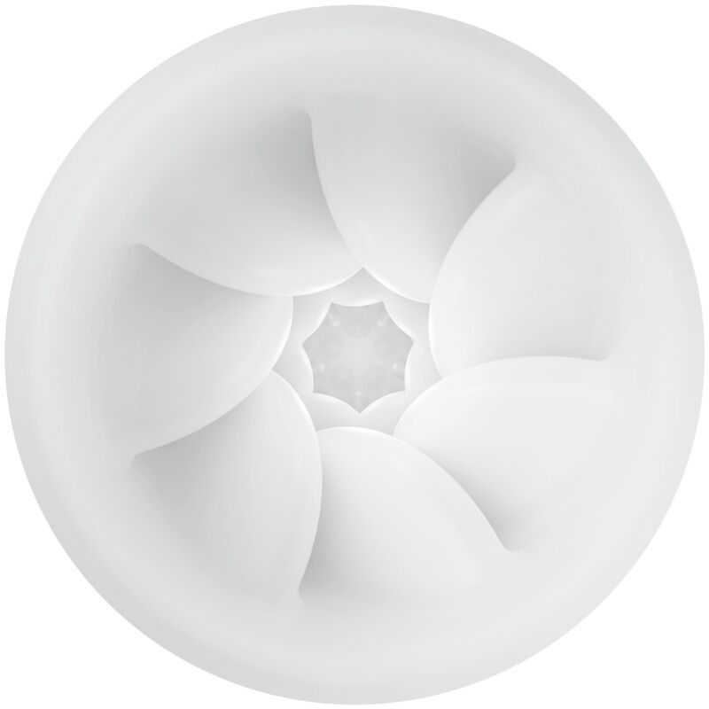 Vue de dessus de l'entrée du masturbateur Fantasy Ball blanc, tunnel TPR en spirale à reliefs souples et ouverture étoilée centrale, matière bodysafe.