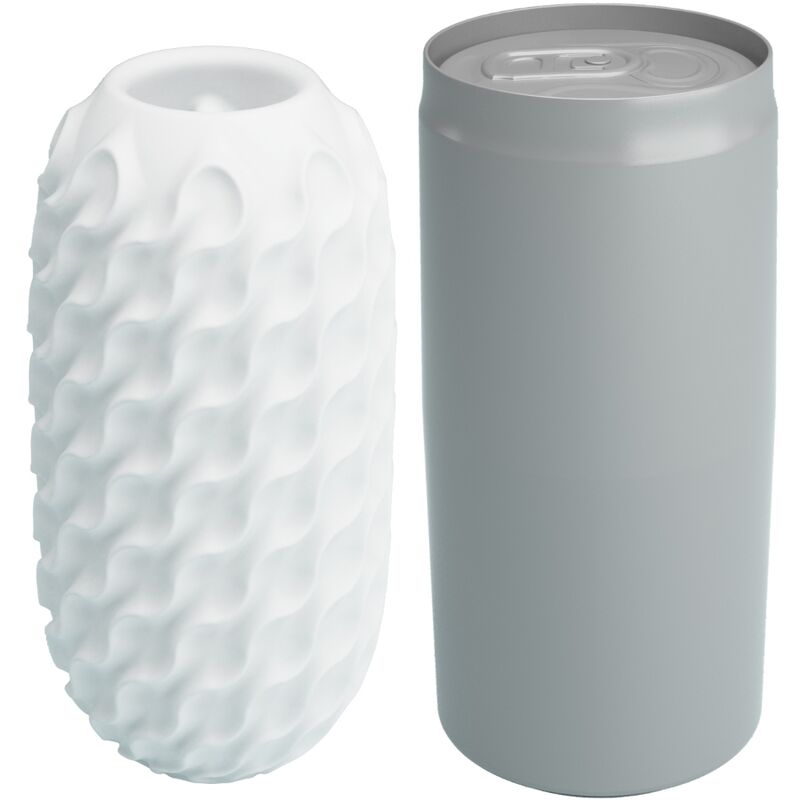 Masturbateur oeuf Fantasy Ball blanc à picots et son étui cannette gris refermable, format nomade et discret en TPR souple pour le plaisir solo masculin.