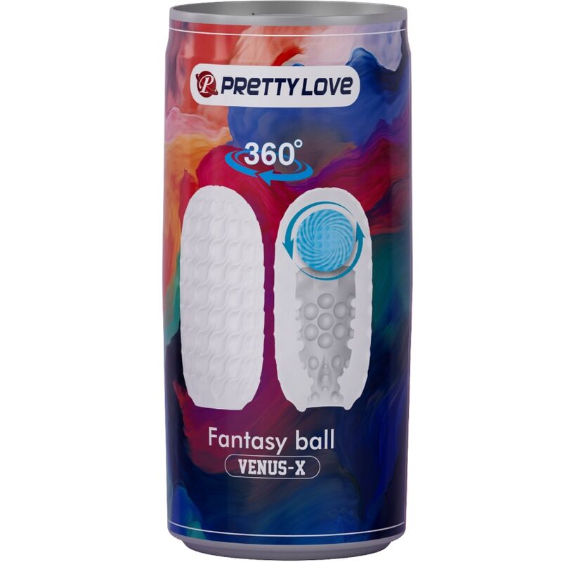 Boite cannette Fantasy Ball Venus-X Pretty Love multicolore, illustration de la gaine blanche à picots et de la rotation 360 degrés du masturbateur oeuf.