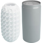 Masturbateur oeuf Fantasy Ball blanc à reliefs ondulés et son étui cannette gris refermable, format discret et nomade en TPR souple pour homme.